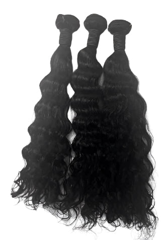 Three bundles of curly Brazilian human hair extensions on a white background