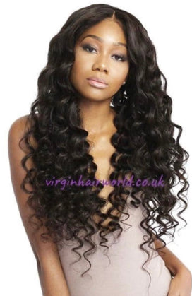 Beautiful afro Caribbean with natural loose curl hair extensions look direct into the camera